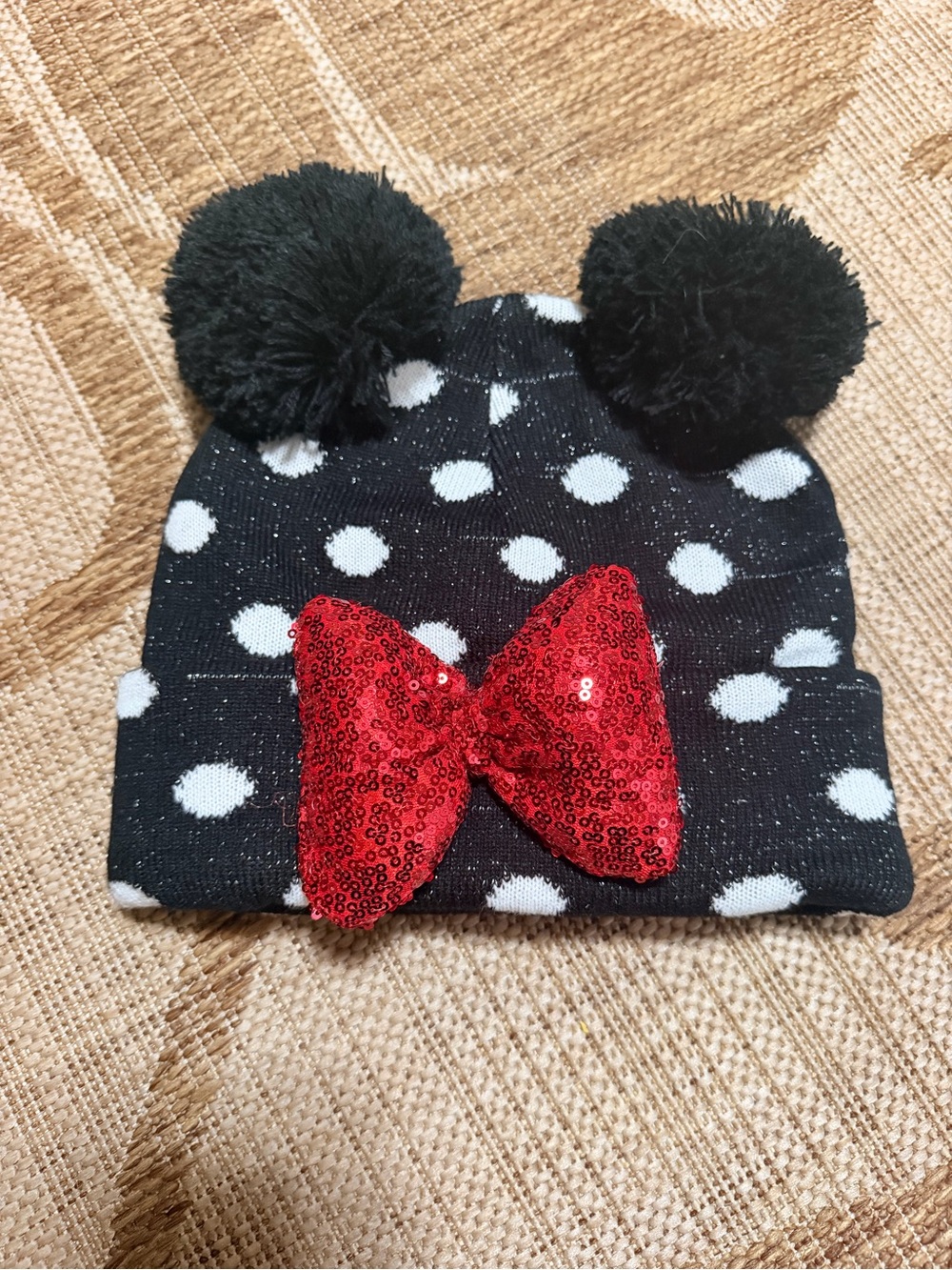 DISNEY Black & White Polka Dot Beanie with Red Sequin Bow - NEW!